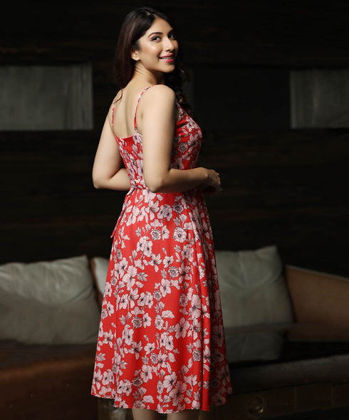 Vneck Floral Printed Ankle Length Dress